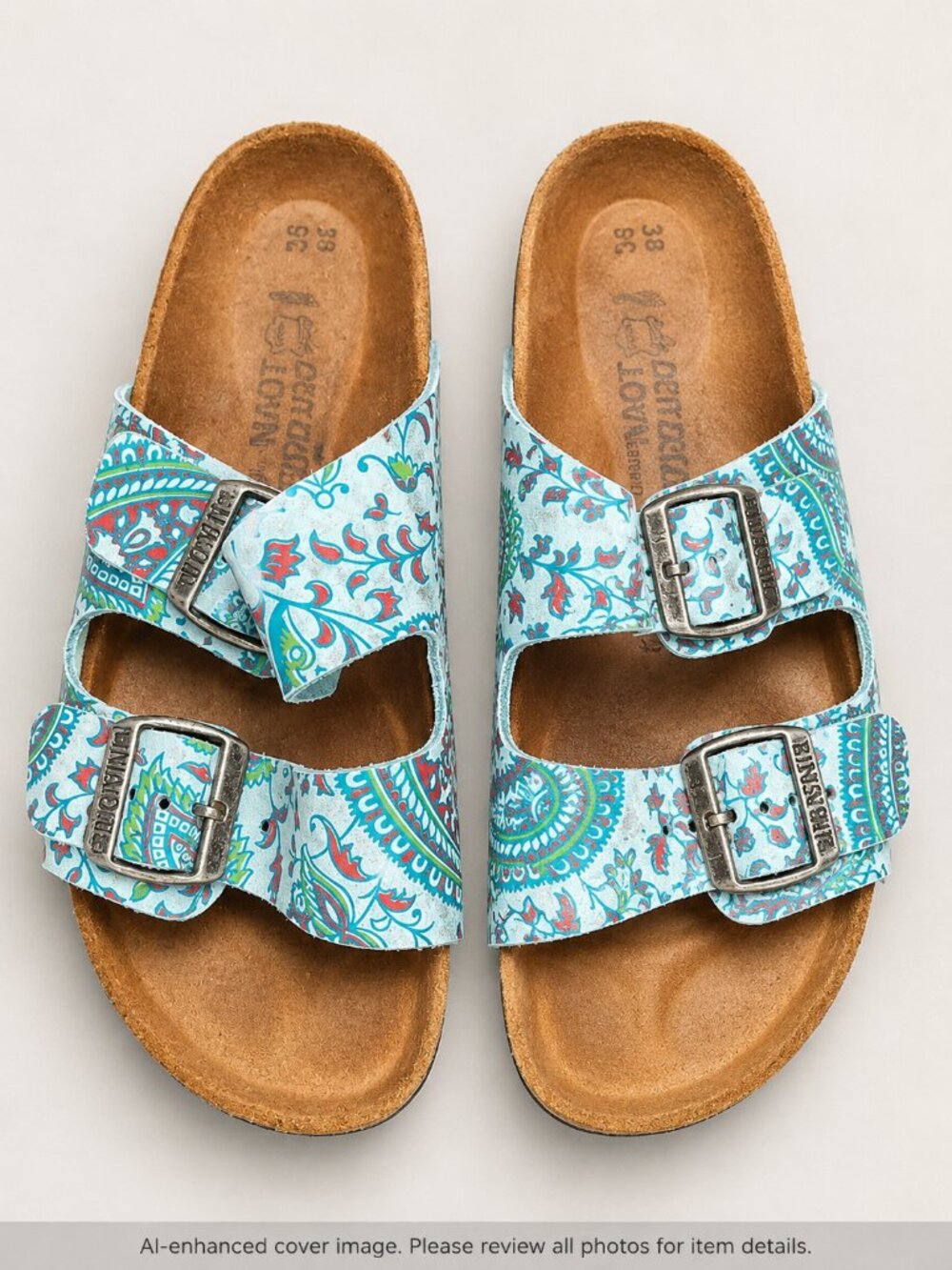 NAOT Blue Paisley Leather Comfort Sandals EU 36 US 5.5–6 Cork Footbed
